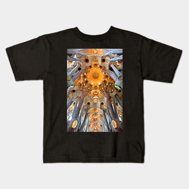 Looking upwards in the Sagrada Familia Kids T-Shirt by Cretense72